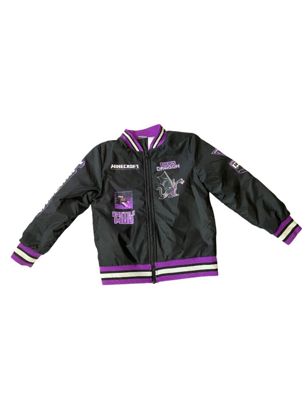 Minecraft Ender Dragon Black Polyester Bomber Jacket Purple Trim Kids Size 8